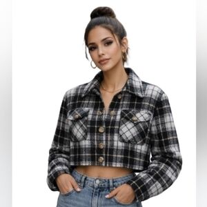 Love Tree Cropped Plaid Flannel Jacket Black White Large